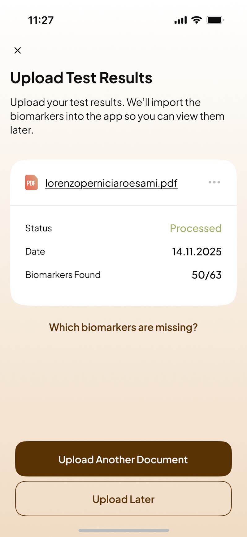 A processed lab report in the Qura app